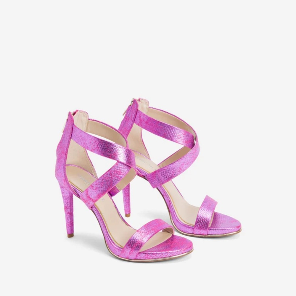Kenneth Cole Brooke‎ Cross Strap Heeled Sandals Pink Snakeskin 7 NWT